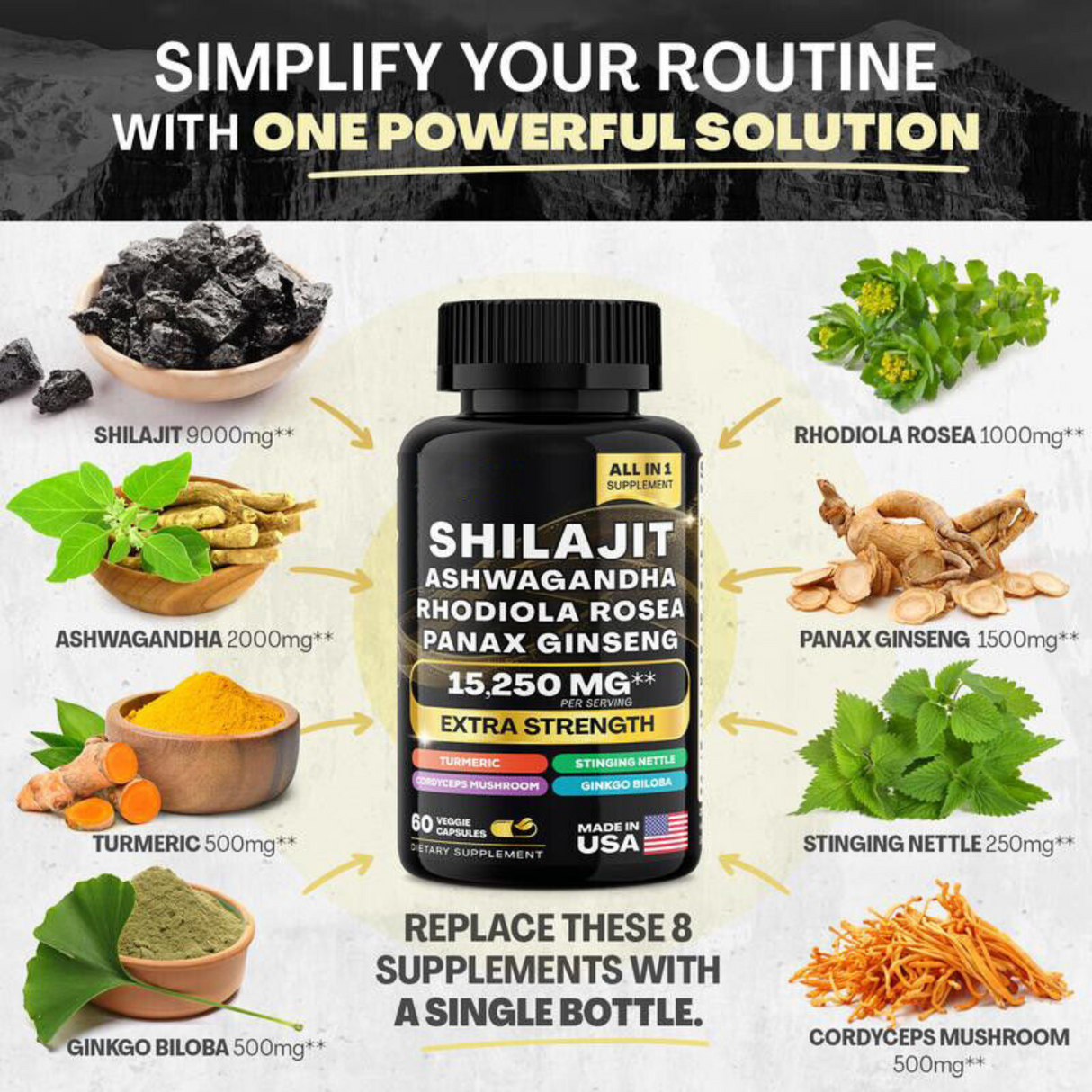 Shilajit Multivitamin (Turmeric, Ashwagandha, Ginger, Cordyceps Mushrooms)